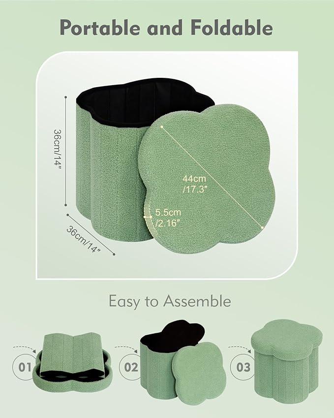 B FSOBEIIALEO Storage Ottoman Cube, Flowers Shaped Ottomans with Storage Foot Stool Footrest, Boucle Ottoman Seat for Dorm Room, Faux Teddy Fur, Green 15"x15"x15"-Ruum Studio Home