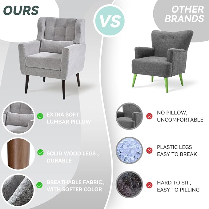 Accent Chair Set of 2, Upholstered Armchair with Pillow, Fabric Single Sofa Chair with Lounge Seat and Wood Legs Accent Chair for Living Room Small Spaces (Grey, Set of 2)-Ruum Studio Home