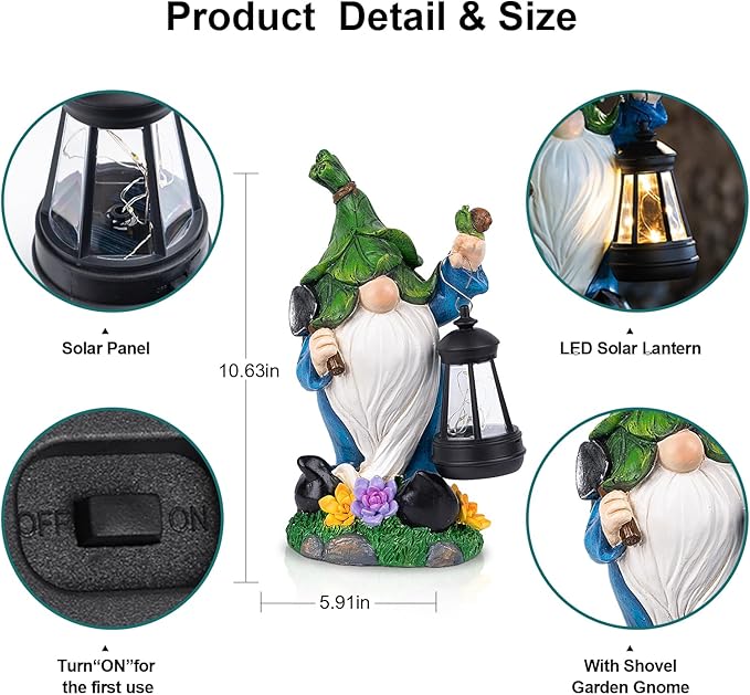 Solar Gnome Garden Figurine Yard Lights with Solar Lights Lantern & Shovel - Outdoor Yard Art Lawn Ornaments for Porch Patio Balcony - Gnome Gifts for Women Mom-Ruum Studio Home