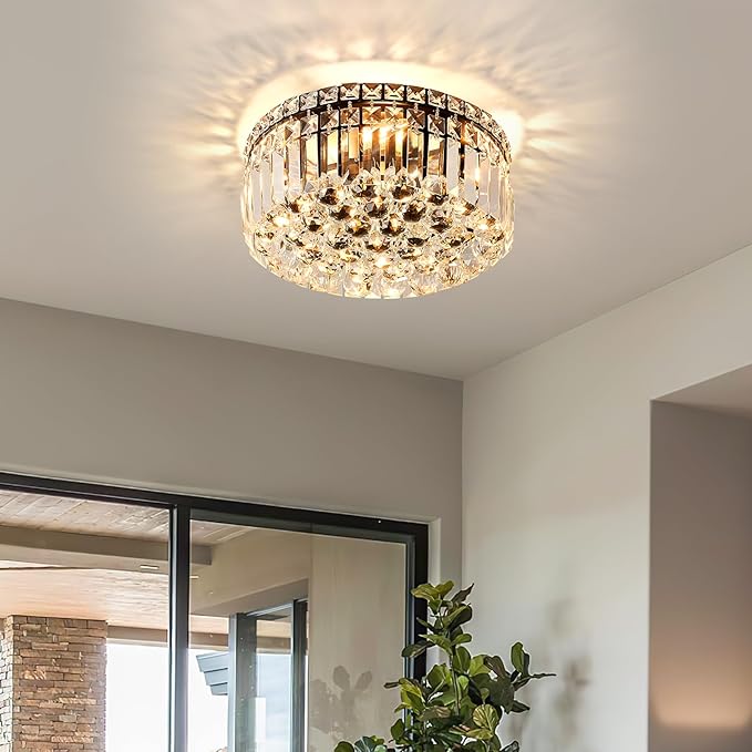 4-Light Black Crystal Chandeliers Flush Mount Chandelier Light Fixture with K9 Crystals Modern Ceiling Lights Elegant Round Lamp for Bedroom,Hallway,Bar,Living Room,Dining Room,H5.9 xW13.7-Ruum Studio Home