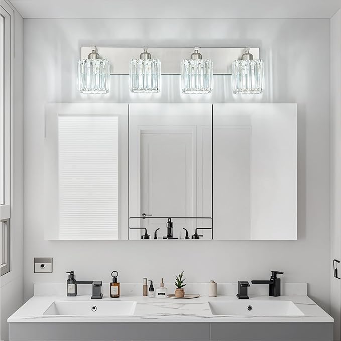 Modern Vanity Light 4-Lights Brushed Nickel Vanity Light Crystal Bathroom Wall Light Bathroom Light Fixtures-Ruum Studio Home