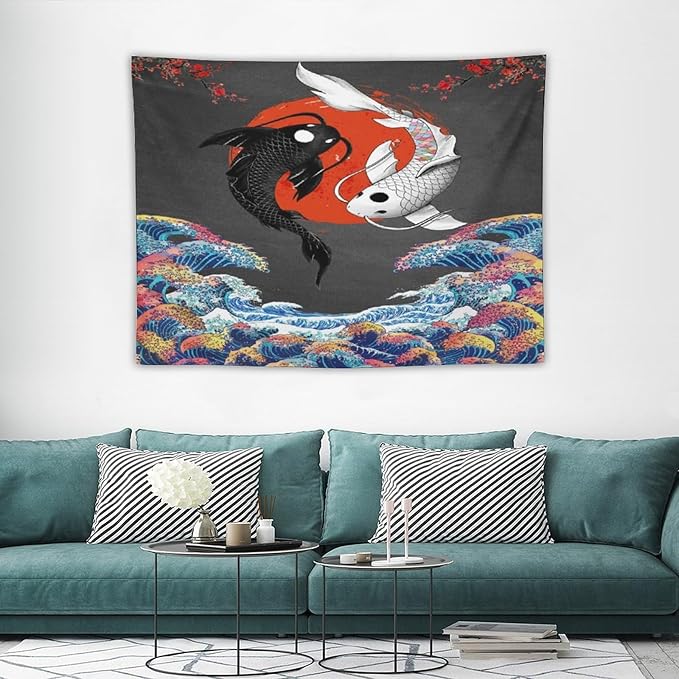 Houselerax Japanese Koi Fish Tapestries, Yin Yang Big Wave Cherry Blossom Tapestry Wall Hanging for Bedroom Living Room Office Decor 40"x30"-Ruum Studio Home