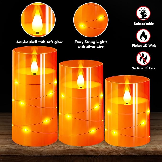 NURADA Flameless Candles with Remote Timers: Built-in Star String Lights 3D Wick Battery Operated Flickering LED Electric Candles for Halloween Thanksgiving Dinner Tables Fall Home Decor Orange 3 Pack-Ruum Studio Home