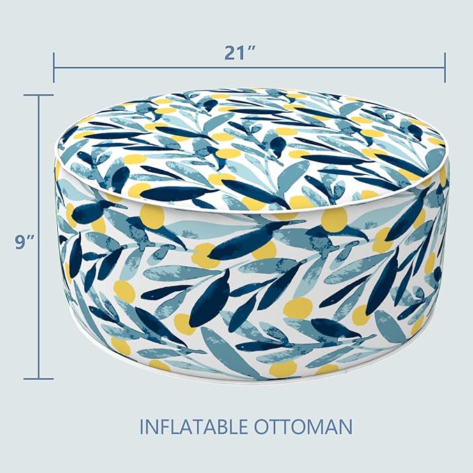 LVTXIII Outdoor/Indoor Inflatable Stool Ottoman, All Weather Patio Footrest Pouf, Portable Round Ottoman for Patio Garden, Camping or Home, D21xH9 Inches, Blue Leaves-Ruum Studio Home
