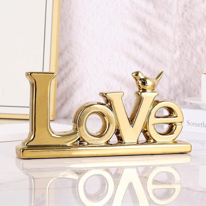 Gold Love Sign Statue - Personalized Home Decor, Bird Sculpture for Living Room, Bedroom, Desktop & Cabinets-Ruum Studio Home