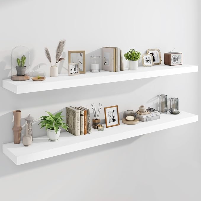 Marsmiles 72" Floating Shelves for Wall, Wooden Shelves with Invisible Brackets Set of 2, Rustic Farmhouse Wall Mounted Shelf for Kitchen Bathroom Living Room Study, White-Ruum Studio Home