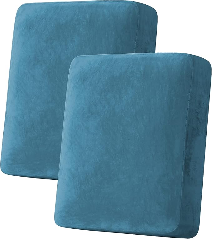 H.VERSAILTEX Velvet Stretch Couch Cushion Cover Plush Cushion Slipcover for Chair Loveseat Sofa Cushion Furniture Protector Seat Cushion Sofa Cover (2 Piece Medium Sofa Cushion Covers, Peacock Blue)-Ruum Studio Home