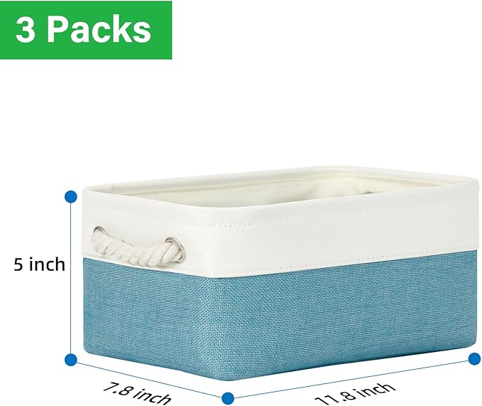 Bidtakay Small Storage Baskets for Shelves 3 Pack Fabric Storage Bins for Organizing Linen Collapsible Organizer for Closet-White&Teal-Ruum Studio Home
