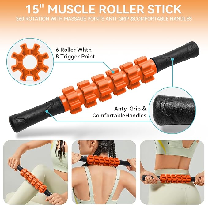5 in 1 Foam Roller Set for Deep Tissue Muscle Massage, Trigger Point Fitness Exercise Foam Roller, Massage Roller, Massage Ball, Stretching Strap, for Whole Body (Orange Black)-Ruum Studio Home