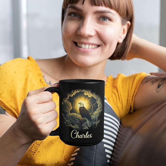 Custom Name Coffee Mug 11oz or 15oz, Unique Wildlife Art Black Cup, Personalized Eagle Ceramic Mug for Animal Lovers, Inspirational Coffee Cup with Nature Scene, Gifts for Friends-Ruum Studio Home