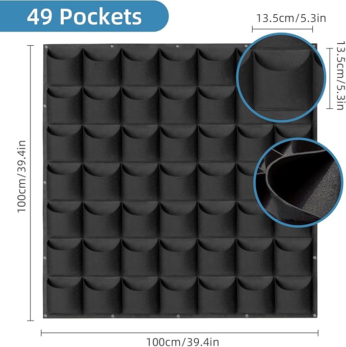 49 Pockets Hanging Planter Bags, Hanging Vertical Wall Mounted Plant Planting Grow Bags, Herb Garden Planter Outdoor Indoor Growing Bag, Gardening Vertical Greening Flower Container(1m×1m, Black)-Ruum Studio Home