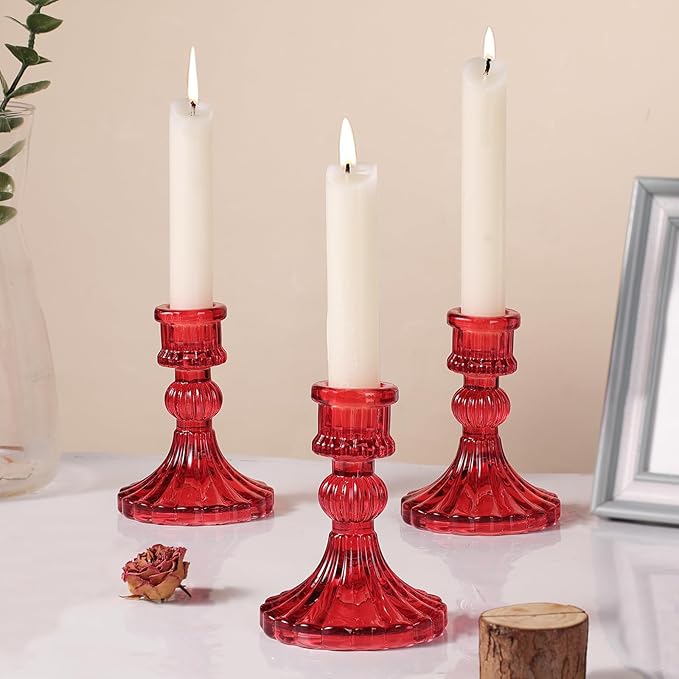 12PCS Red Candlestick Holders Set- 4" H Taper Candle Holders, Glass Candle Holders Bulk for Activities, Party, Home Table Centerpieces, Festival Gifts & Windowsill Decor-Ruum Studio Home