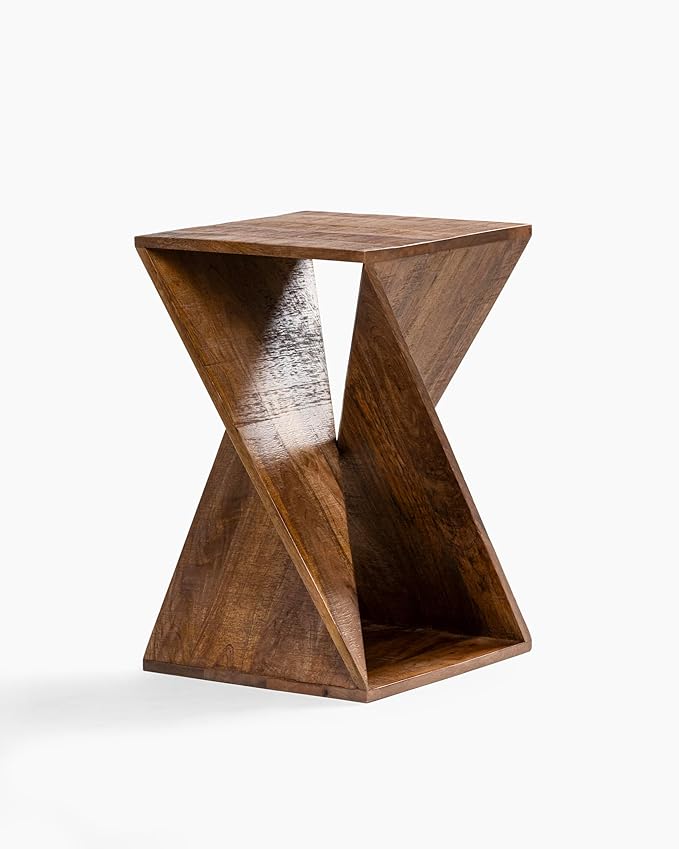 Modern Hand Made One-of-a-Kind Carved Mango Wood End Table, Farmhouse Side Table,Farmhouse End Table,Living Room,Bedroom, Accent Table, Contemporary Architectural Designed Natural-Ruum Studio Home
