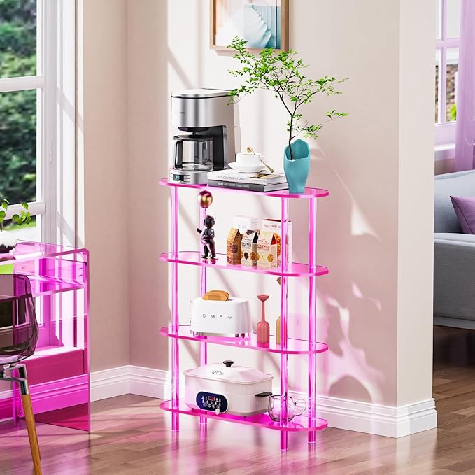 Clear Bookshelf, Acrylic Bookcase with Open Book Shelf Console Table for Entryway Office (4 Tier Pink)-Ruum Studio Home