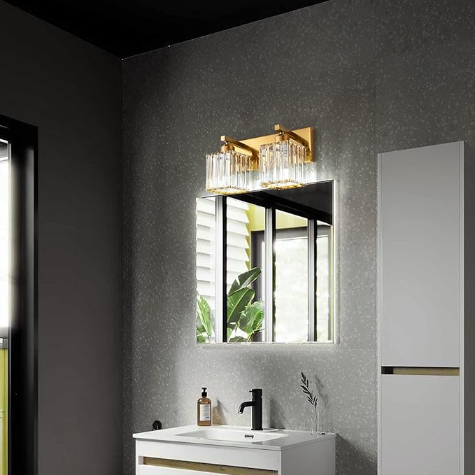 Modern Bathroom Vanity Light 2-Lights Gold Crystal Bathroom Wall Light Vanity Light Fixtures，12.59-inch Modern Minimalist Design-Ruum Studio Home
