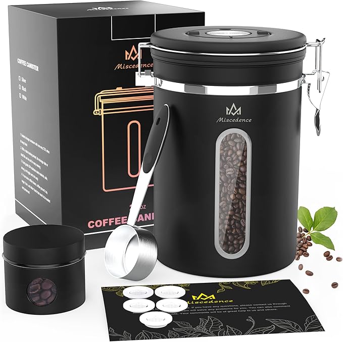 Coffee Canister for ground coffee with Transparent Window,Date Tracker CO2 Valve 304 Stainless Steel Kitchen Food Airtight storage container for Coffee Beans or Grounds, Tea, Sugar(black 22OZ)-Ruum Studio Home