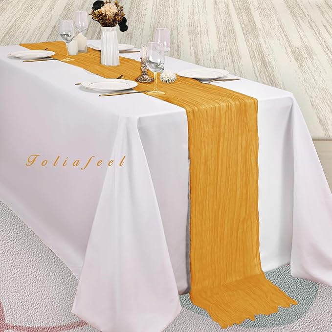 6 Pack Mustard 10FT Cheesecloth Table Runner Rustic Gauze Fabric Cheese Cloth Table Runner for Wedding Bridal Baby Shower Table Decor Boho Sheer Birthday Party Table Decorations 20 x 120 Inch Long-Ruum Studio Home