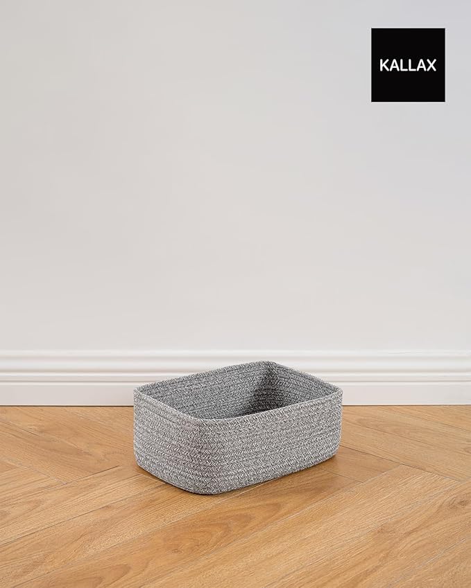 KALLAX Small Woven Basket, 12 x 8 x 4.5 Inches, Storage Basket for Organizing, Cute Small Rope Shelf Closet Cube Storage Bins Baskets for Shelves, Dog Toy Gift Baskets Empty, 3 Packs, Mixed Grey-Ruum Studio Home