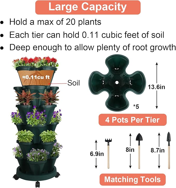 Vertical Planter 6 Tier Stackable Planters Garden Planters Strawberry Herb Flower and Vegetable Planter Indoor Outdoor Gardening Pots with Removable Wheels and Tools-Ruum Studio Home