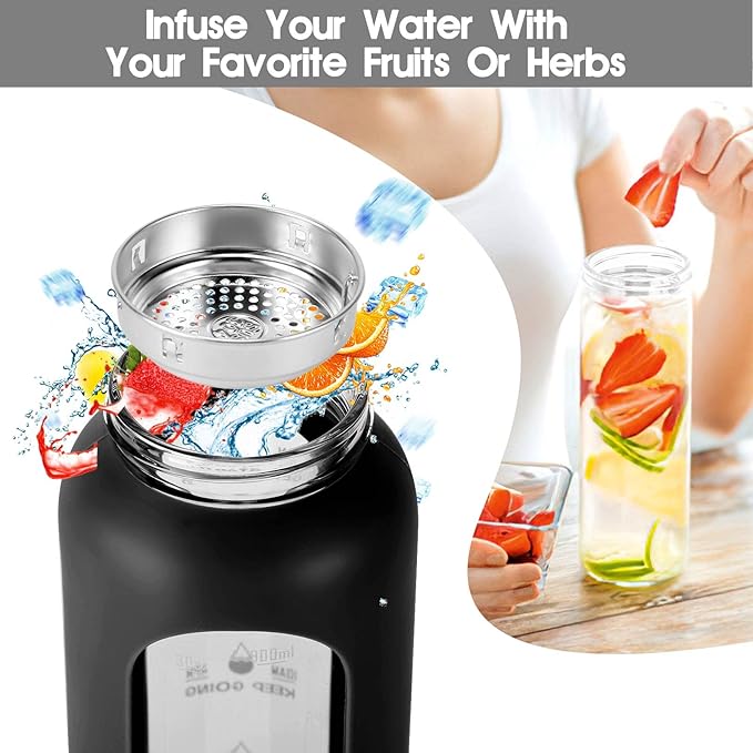 32 oz Glass Water Bottle with Straw - Motivational Time Marker & Silicone Sleeve - Reusable Tumbler Includes 2 Bamboo Lids & Fruit Infuser - 1 Pack-Ruum Studio Home