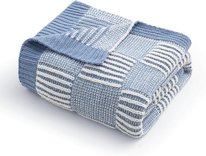 Amélie Home Chenille Knit Throw Blanket for Couch, Checkered Texture Decorative Soft Blanket for Sofa, Bed & Living Room, 50"x60", Blue & White-Ruum Studio Home
