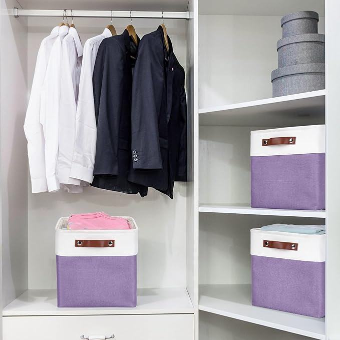 Collapsible Fabric Storage Cubes 11x11 Cube Storage Bins, 4 Pack Closet Baskets Box with Handles for Organizing, Shelf, Toys, Clothes, Home, Office, Nursery (Purple&White)-Ruum Studio Home