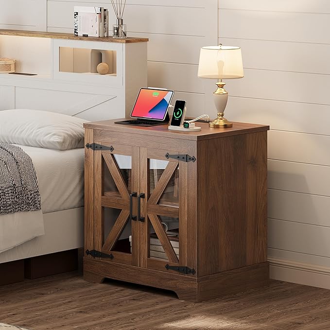 Farmhouse Side Table with Storage Cabinet, End Table with Adjustable Shelf, Night Stand, Wood Nightstand with Charger Station, 24 End Tables Living Room, Rustic Bed Side Tables Bedroom, Walnut-Ruum Studio Home