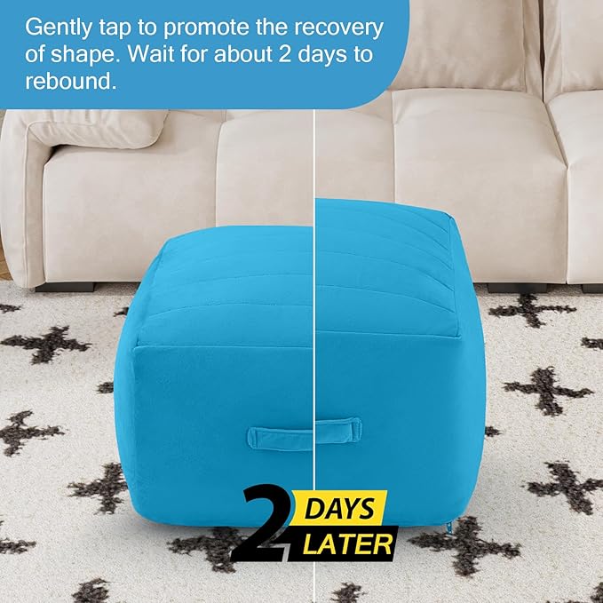 MeMoreCool Square Stuffed Pouf Ottoman Foot Rest, Floor Pouf Foot Stool with Foam Chunk Filling, Soft Stuffed Ottoman Footrest for Living Room, Blue-Ruum Studio Home