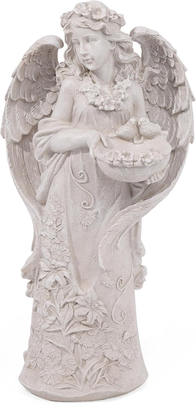 Outdoor Statues Angel Décor Garden Statue,23.5" H Angel Statue, Resin Angel with Bird Figurine,Gifts for Women and Men,Outdoor Garden Decor Ornaments for Outside (White)-Ruum Studio Home