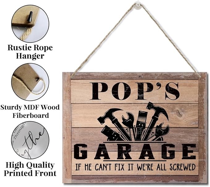 Rustic Sign, Father's Day Gift, Dad's Gift, Grandpa's Gift, Decor Hanging Wood Signs, Printed Wood Wall Art Sign, Pop's Garage, If He Can't Fix It We're All Screwed, Vintage Sign Gift for Grandpa-Ruum Studio Home