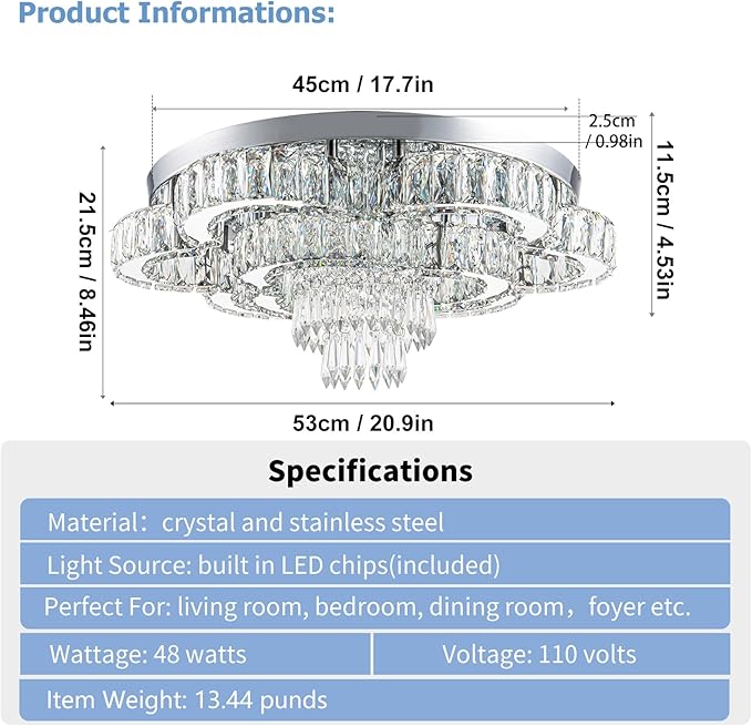 21 Inch Crystal Chandeliers with Remote Control LED Chandelier Modern Mount Flush Mount Chandelier Ceiling Light Fixtures for Bedroom Living Room Dining Room(Dimmable)-Ruum Studio Home