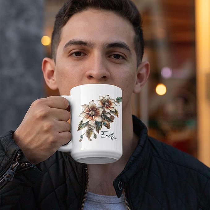 Customized Name Coffee Cup, Custom Steampunk Floral Design Cup, Personalized Flower Lover Ceramic Cup 11oz, White Mug Gift For Floral Enthusiasts, Steampunk Flower Cup For Birthday-Ruum Studio Home