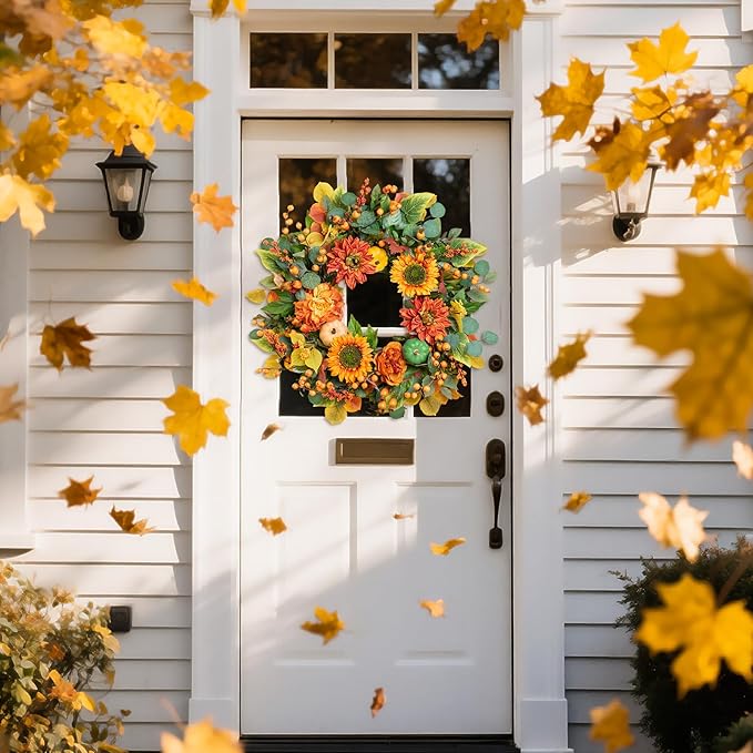 Fall Wreaths for Front Door 24 Inch Autumn Wreath with Sunflowers, Orange Dahlias, Maple Leaves & Berries – Fall Door Wreath for Outdoor or Indoor Thanksgiving Decor-Ruum Studio Home