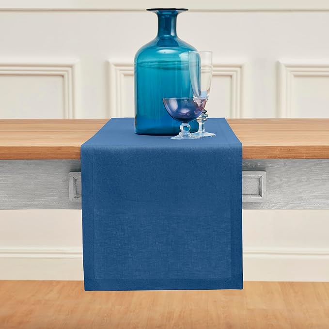 Solino Home Linen Table Runner 108 Inches Long - 100% Pure Linen Indigo Blue Dining Table Runner 14 x 108 Inch for Fall, Autumn, Thanksgiving - Fete-Ruum Studio Home