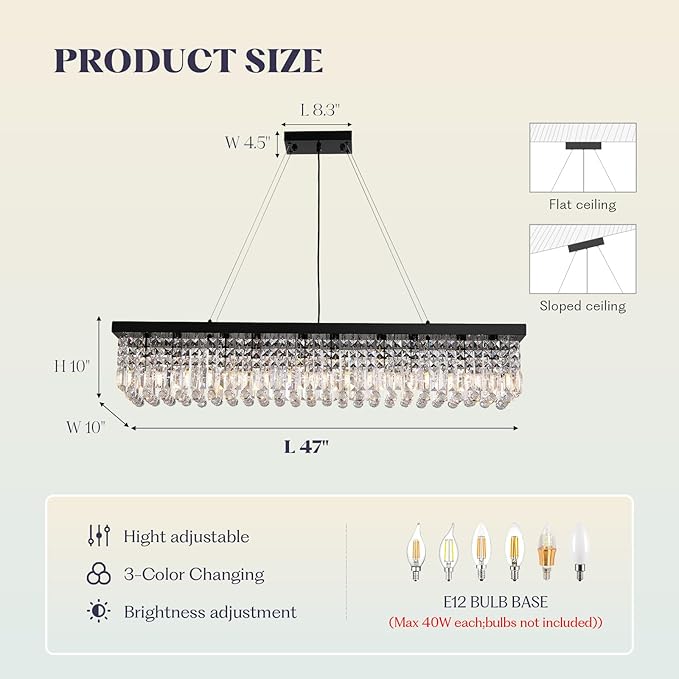 Rectangular Black Crystal Chandelier,10 Light Crystal Chandeliers for Dining Room, Rectangle Light Fixture for Kitchen Island L47''xW10''x H10''-Ruum Studio Home