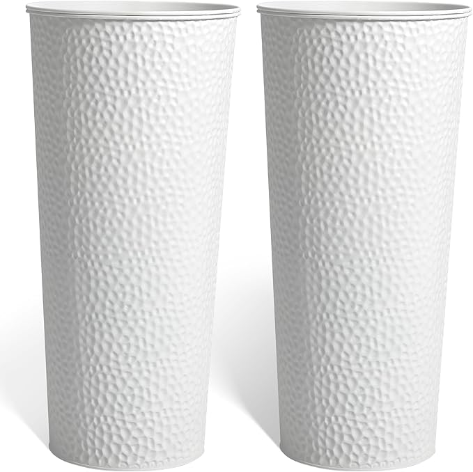 KOL 28" H. Tall Metal Cone Planters with Inner Pots 2-Pack, White Hand-Hammered Large Decor Planter for Deck, Patio, Porch - Handcrafted Flower Pot - with Water Level Indicator - Indoor Outdoor Use-Ruum Studio Home