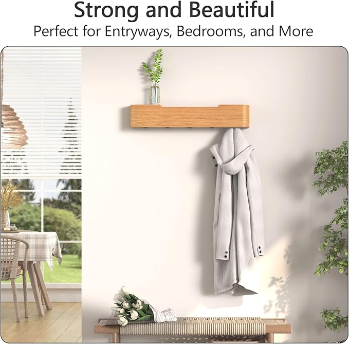 Coat Rack Wall Mount with Hidden Hooks Entryway Hanging Shelf Modern Wood Coat Hanger for Bedroom Kitchen Hallway Bathroom (Oak, 20.9 Inch Long)-Ruum Studio Home