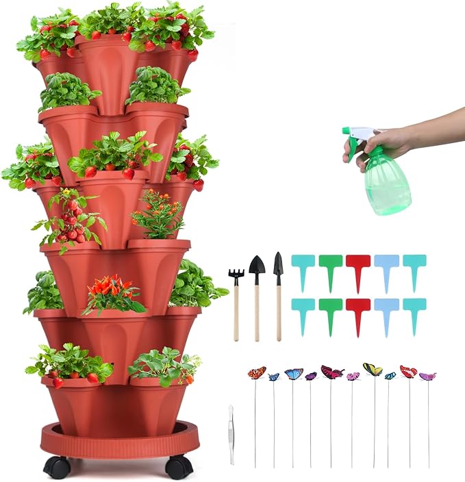 Vertical Planter, 6 Tier Stackable Strawberry Planter with Garden Tool Set, Movable Indoor/Outdoor Garden Herb Pot for Growing Vegetables and Succulents, Red-Ruum Studio Home