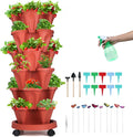 Vertical Planter, 6 Tier Stackable Strawberry Planter with Garden Tool Set, Movable Indoor/Outdoor Garden Herb Pot for Growing Vegetables and Succulents, Red-Ruum Studio Home