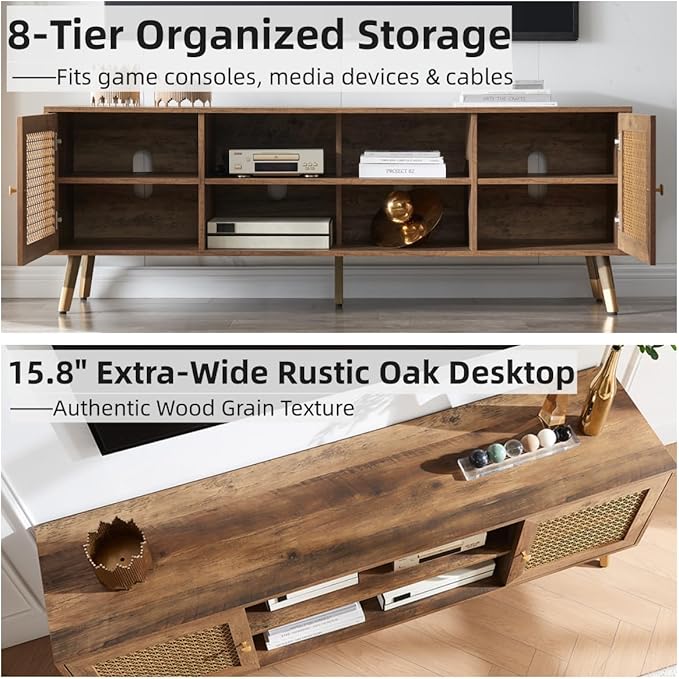 JYED Mid Century Modern TV Stand and Console for TVs Up to 75 inch - Rustic Oak Entertainment Center, 2 Gold Metal Mesh Doors & MDF Wood Grain, 15.8" D x 66" W x 23.5" H-Ruum Studio Home