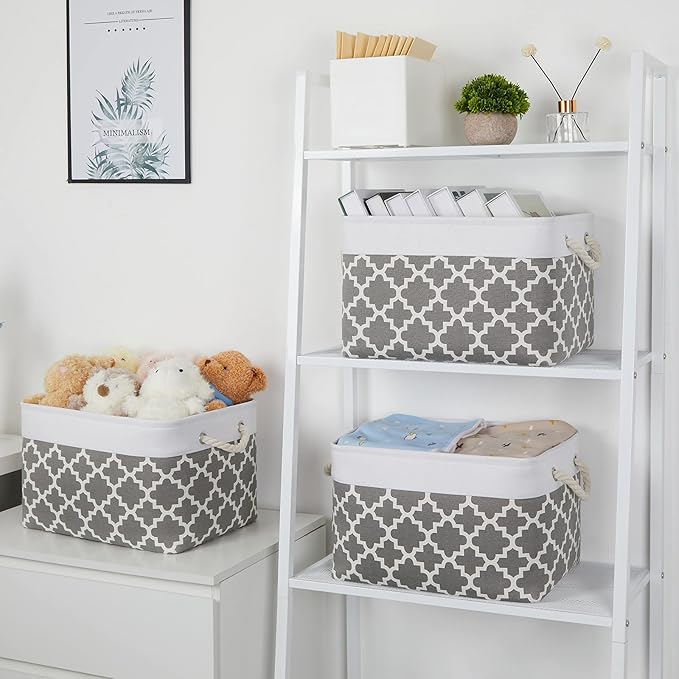 Bidtakay Basket Storage Bins Baskets for Organizing Set of 3 Collapsible Cloth Storage Linen Closet Organizer 15 X 11 X 9.5 Inches Large Foldable Baskets for Shelves (White&Quatrefoil Grey)-Ruum Studio Home