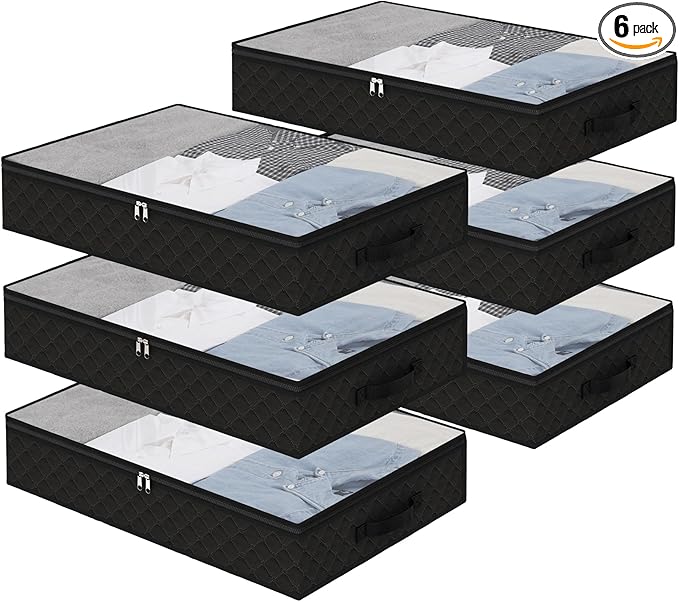 Fixwal Black Underbed Storage Bags with Clear Window and 2 Reinforced Handles Under Bed Storage Containers for Clothing, Bedding, Comforter (6 Pack)-Ruum Studio Home