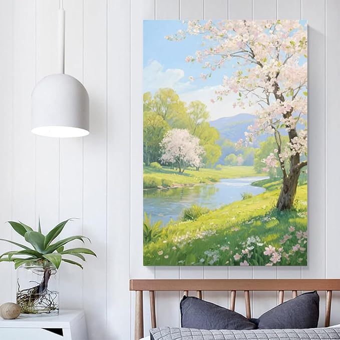 The scenery of a stream between trees and cherry blossoms under the blue sky is suitable for posting in the living room bedroom office landscape posters-Ruum Studio Home