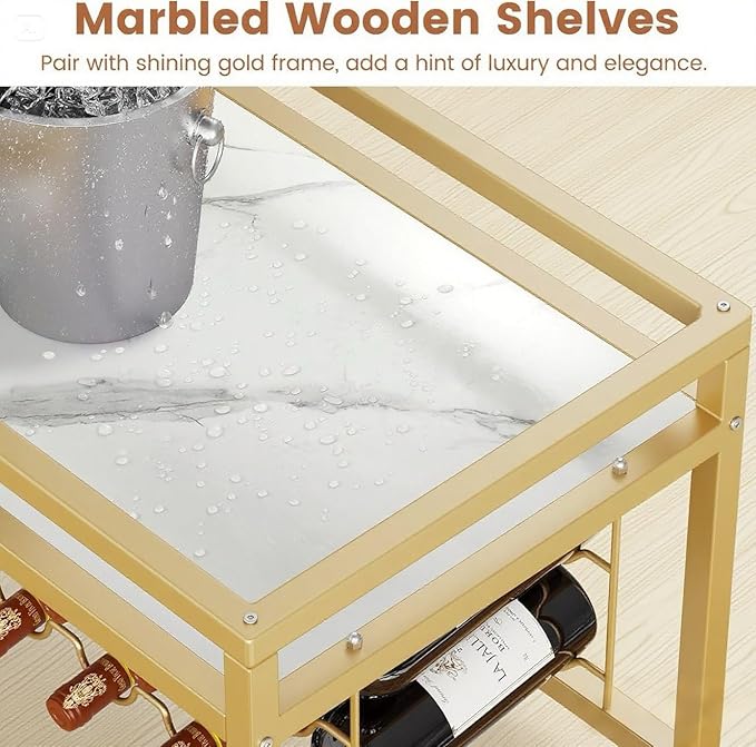 Leteuke Bar Cart for Home, 3 Tier Gold Serving Rolling Carts with Wheels, Drink Cart, Liquor Stand with Marbled Wooden Shelves, Wine Rack and Glass Holder for Kitchen, Dining Room-Ruum Studio Home