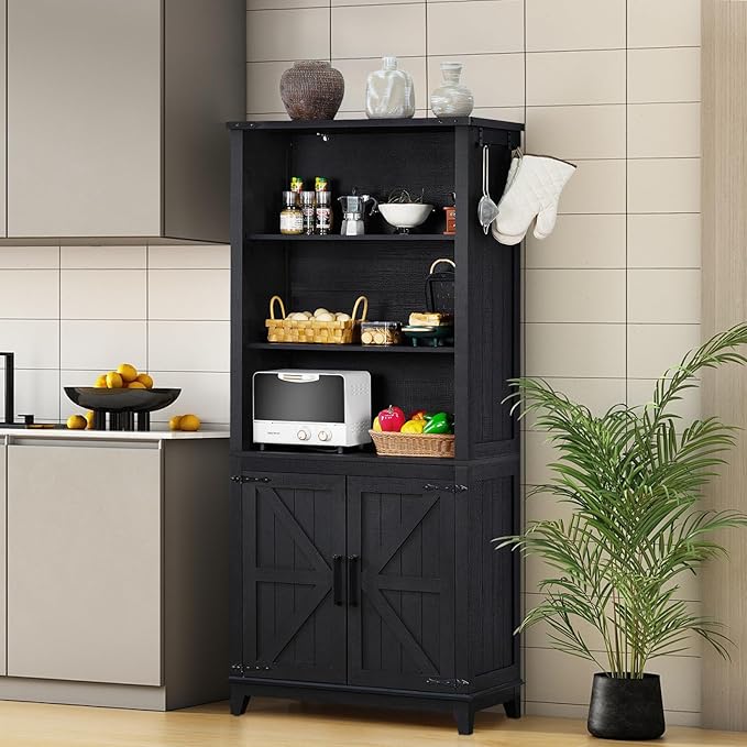 70in Tall Bookshelf 5 Tier Bookcase with Barn Doors and Adjustable Shelves, Black Farmhouse Book Shelf with Storage Cabinet, Wood Freestanding Display Bookshelves for Bedroom, Kitchen (3PCS)-Ruum Studio Home