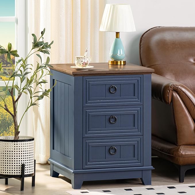 18" Farmhouse Night Stand with 3 Drawers, Wood End Table Dresser for Bedroom, Navy Blue Nightstand, Bed Side Table with Metal Handle, Bedside Cabinet for Bedroom Living Room, Closet-Ruum Studio Home