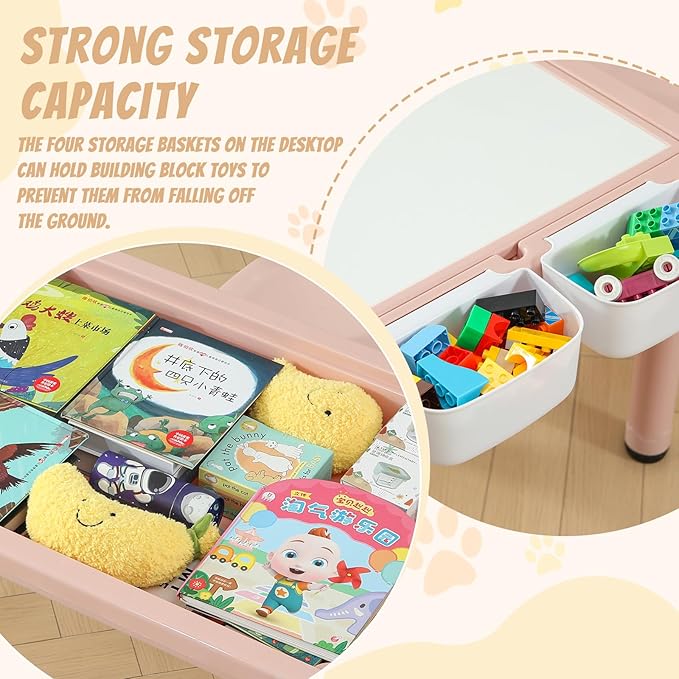 Multi Functional Kids Table and 2 Chairs Set, Graffiti & Building Blocks Double-Sided Tabletop, Toddler Play Table with Drawers, Large Storage Space, Gift for Boys/Girls, Pink-Ruum Studio Home