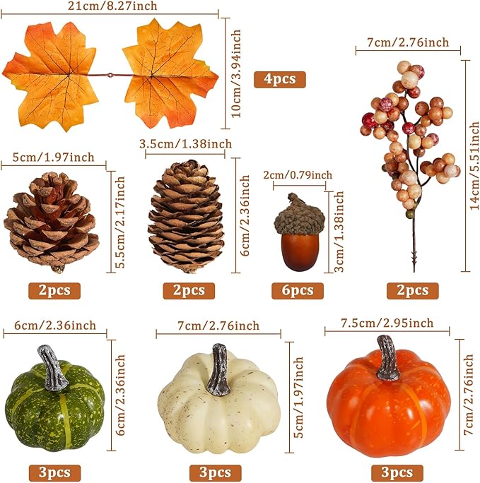 Artmag Pumpkin Decor Set, 25 PCS Fall Artificial Maple Leaves, Harvest Pumpkins, Acorns, Pine Cones and Orange Berry Stems Decorations for Fall Thanksgiving Table Decor-Ruum Studio Home