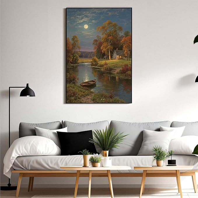 Small house by the stream under the moonlight tranquil style suitable for living room bedroom and office landscape poster wall art-Ruum Studio Home