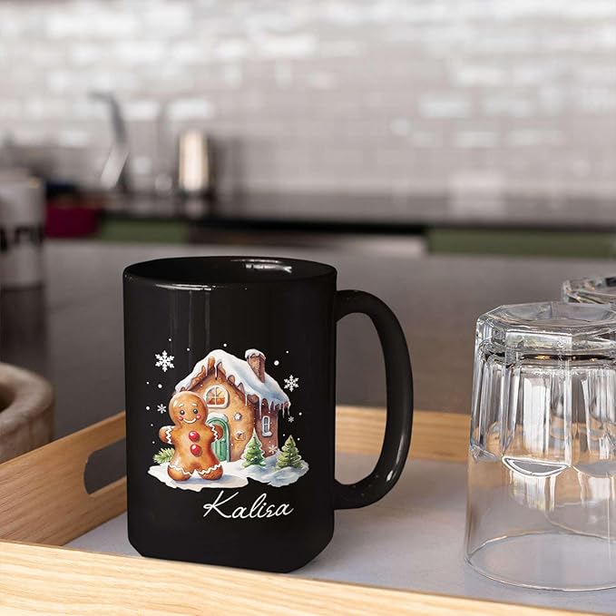 Personalized Christmas Gingerbread Black Cup, Christmas Gingerbread House Design Mug, Customized Name Christmas Coffee Cup 11oz 15oz, Custom Xmas Themed Ceramic Mug, Gift For Son Daughter-Ruum Studio Home